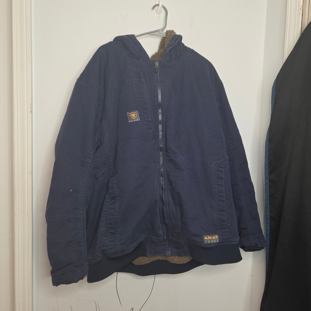 Ariat Rebar Mens 3XL Navy Blue Sherpa Lined Canvas Hooded Work Jacket Full‎ Zip